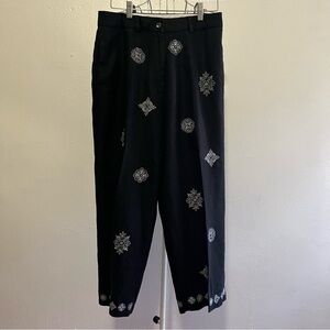 Deane & White 100% linen pants, black w/medallion-like design. Sz 8. EUC.
